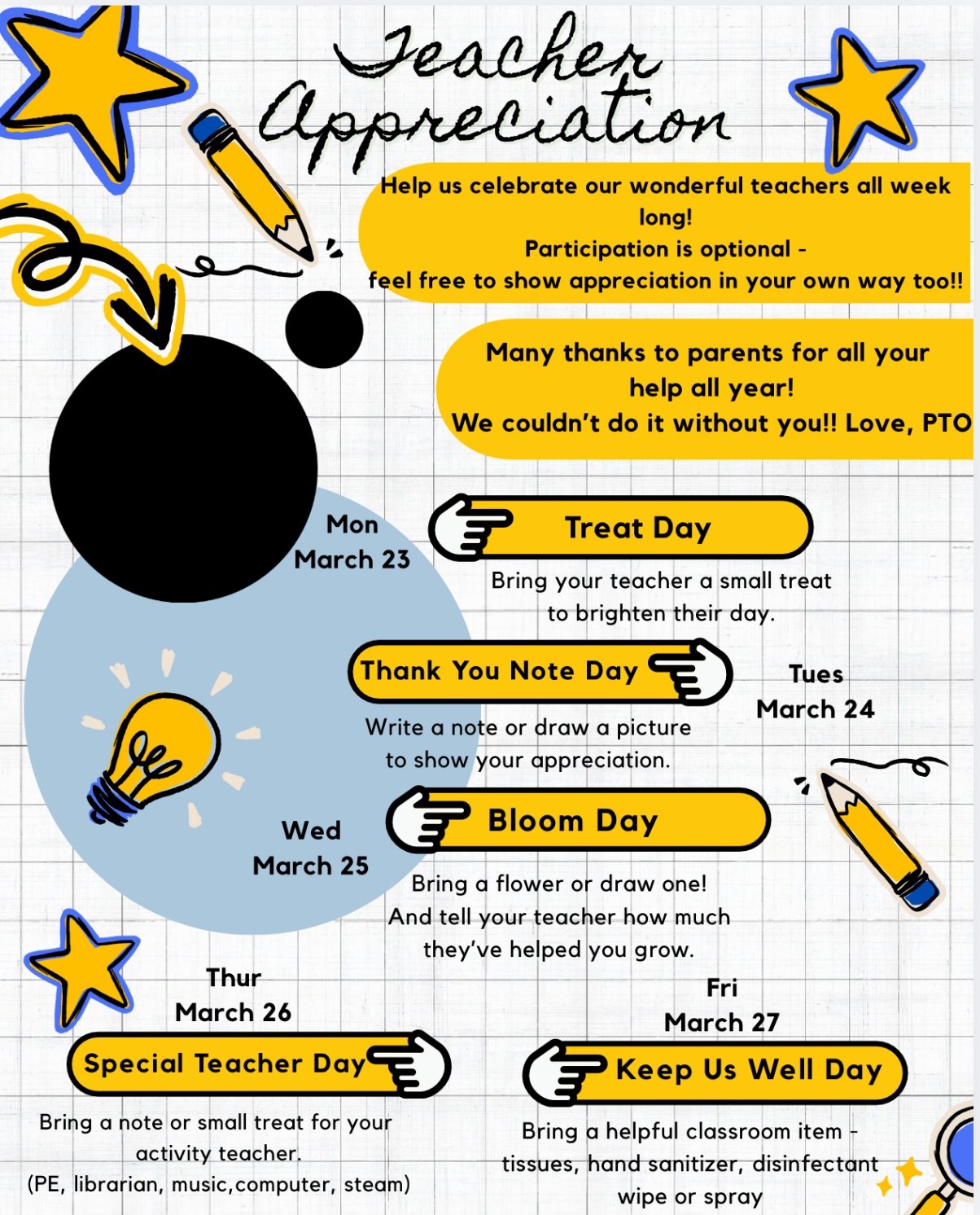 A colorful “Teacher Appreciation” week flyer with decorative stars, pencils, and light bulbs. The heading reads “Teacher Appreciation” with a note encouraging families to celebrate teachers. A message from the PTO thanks parents for their support. The flyer lists themed days for March 23–27: Monday—Treat Day, bring a small treat; Tuesday—Thank You Note Day, write a note or draw a picture; Wednesday—Bloom Day, bring or draw a flower and share how the teacher helped you grow; Thursday—Special Teacher Day, bring a note or small treat for activity teachers such as PE, librarian, music, computer, or STEAM; Friday—Keep Us Well Day, bring helpful classroom items like tissues, hand sanitizer, or disinfectant wipes or spray.